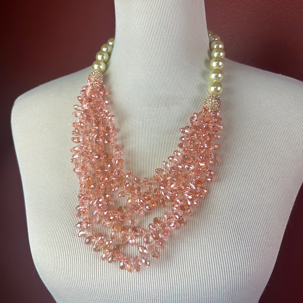 Joan Boyce Pearl Crystal And Light Pink Milti-Layer Necklace Pastel Statement 98$
